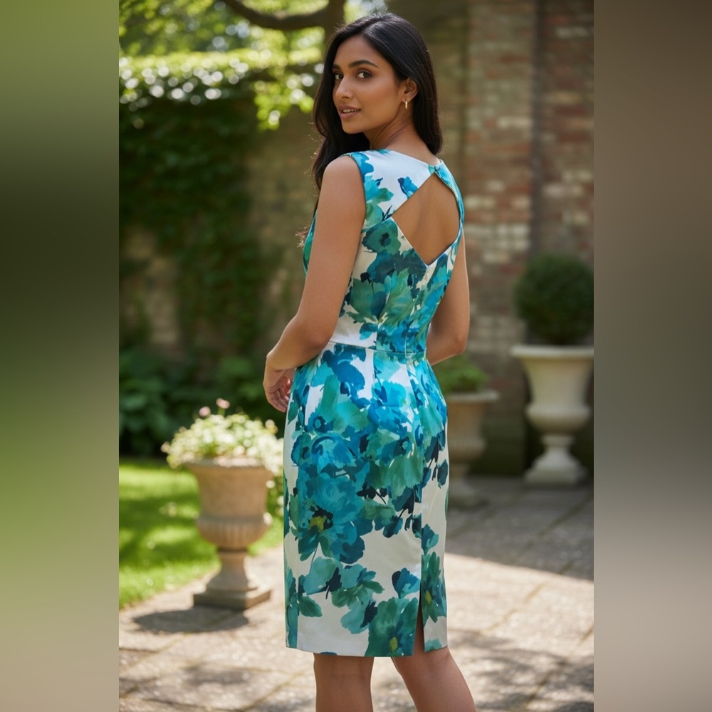 Watercolor Floral Satin Party Dress W/ Peek-A-Boo Back (Size 12)